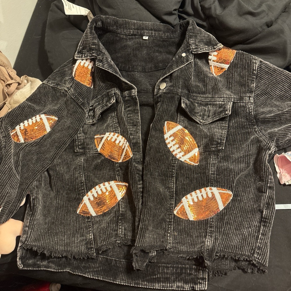 Black Corduroy Jacket with Sequin Football Patches